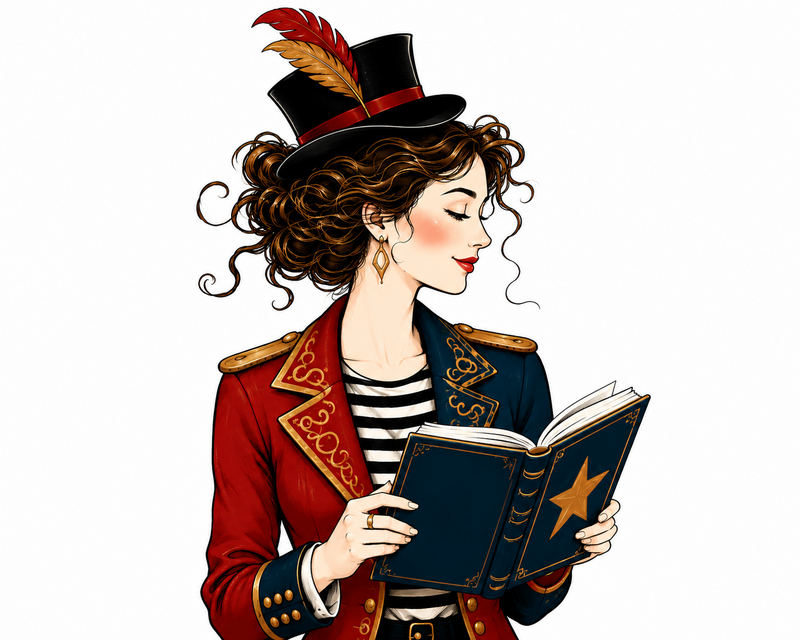 Mary, in her feathered top hat, reading a star-covered book